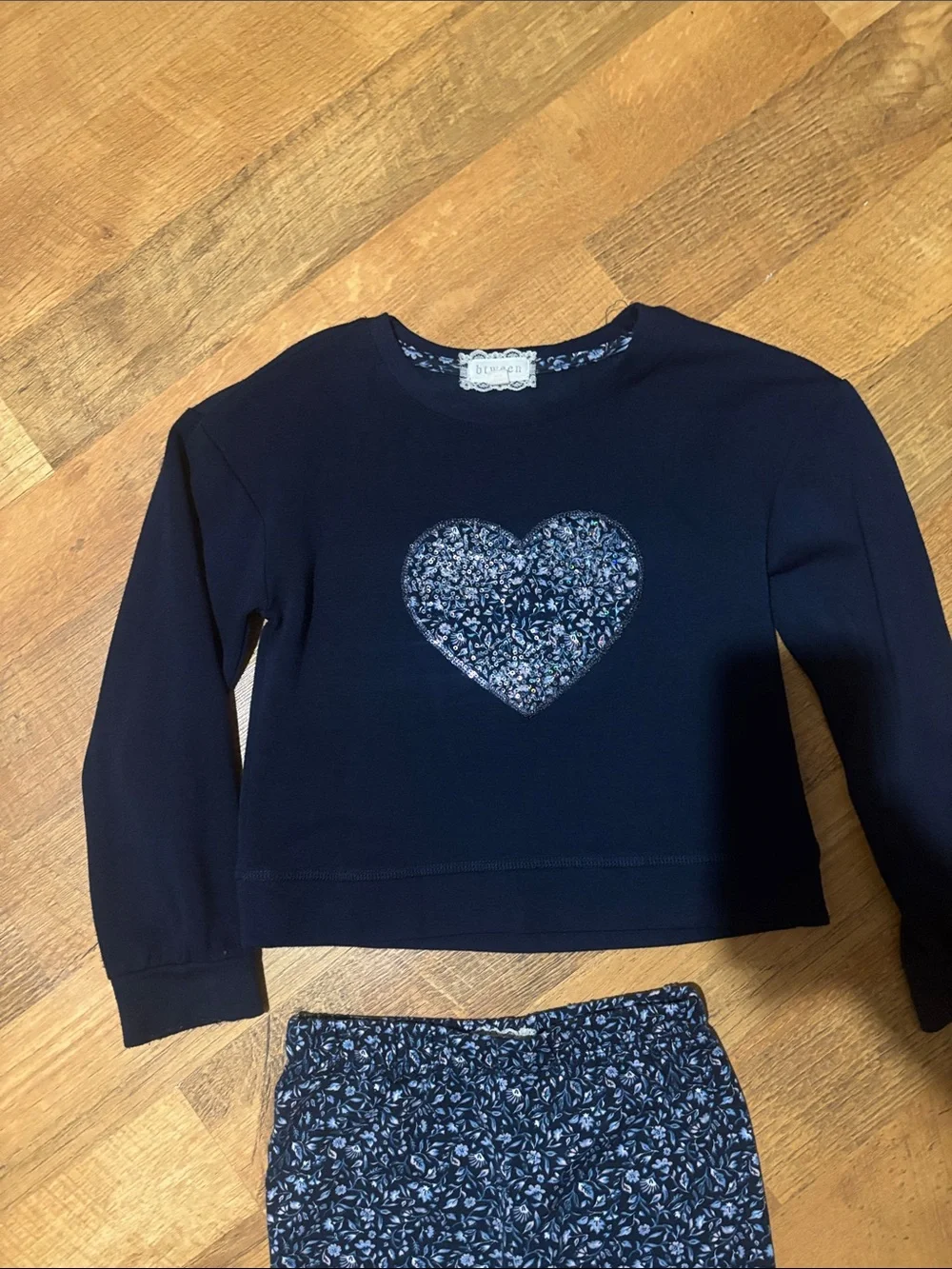 btween Navy Heart Top and Floral Pants Pajama Set